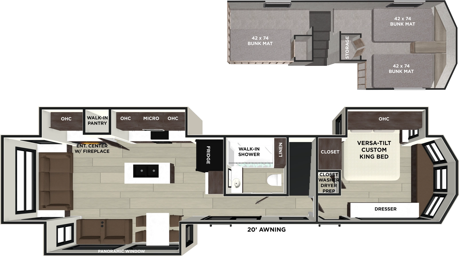 The Salem Villa 42DL has two entries and three slide outs. Exterior features include: metal or fiberglass exterior and 20' awning. Interiors features include: loft, kitchen island, free-standing dinette option, front bedroom and rear living.